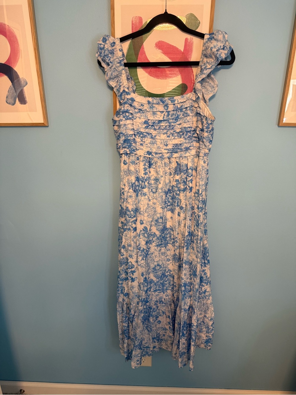 Altar'd State Blue and White Floral Ruffle Strap Maxi Dress